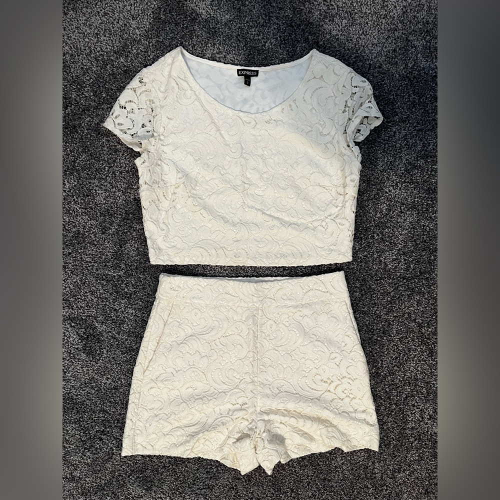 Ivory Lace Two Piece Shorts and Crop Top Set
